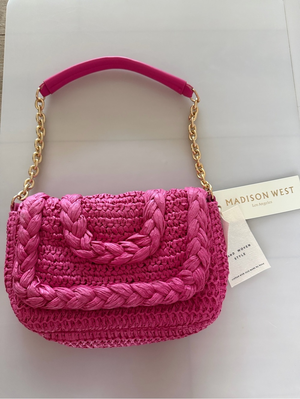 Madison West Handwoven Raffia Shoulder Bag Hot Pink NWT Gold Chain Purse